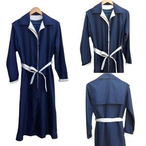Vtg 80's Womens 6L‎ Trench Coat Long Belted Sailor Back Color Block Black Cream